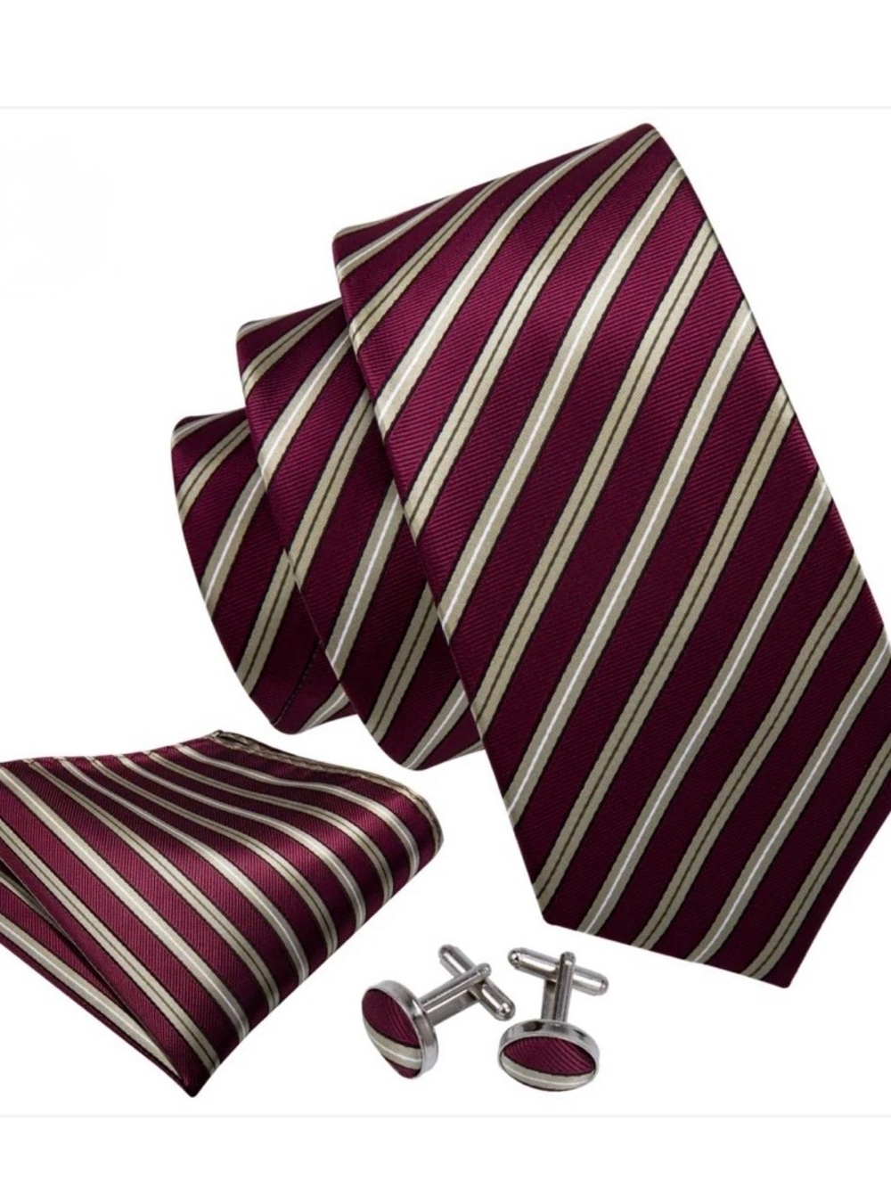 Classic Burgundy Stripe Tie Set with Pocket Square and Cufflinks